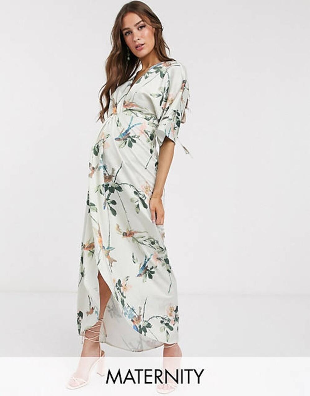 Hope Ivy Maxi Dress Kimono Maternity Bird Swallow Floral Tropical Cream Size 4